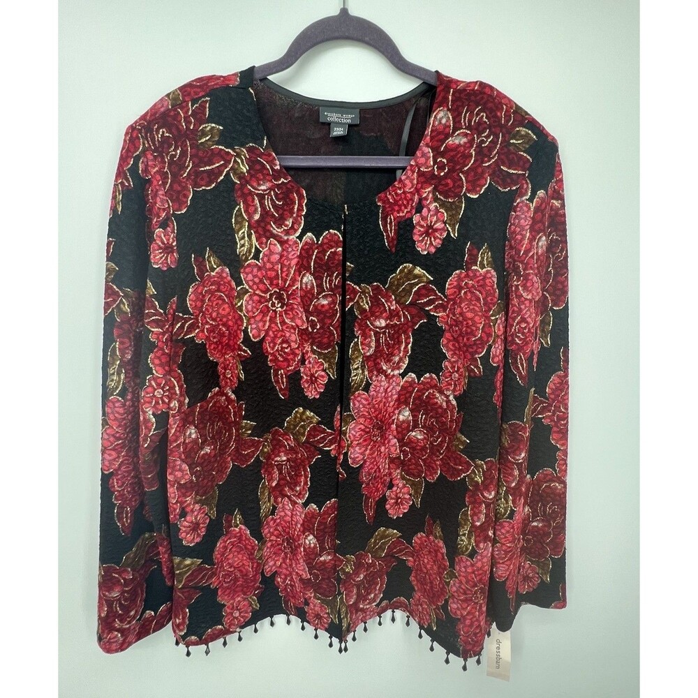 Dressbarn Red Floral Open Front Jacket Beaded Hem Crinkle Size 22 Party Romantic